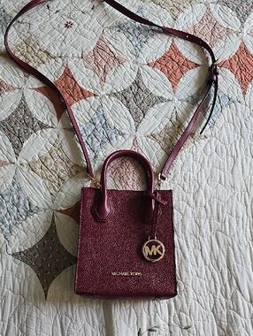 Michael Kors Wine Pebbled Leather Mini Crossbody Tote with Gold-Tone MK Charm